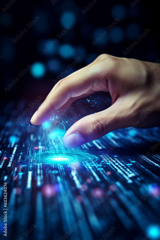 Poster man hand touching on search bar for search engine optimization or seo concept to find information or