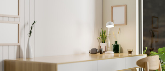 Minimal home workspace in white and wooden style, copy space on wooden table