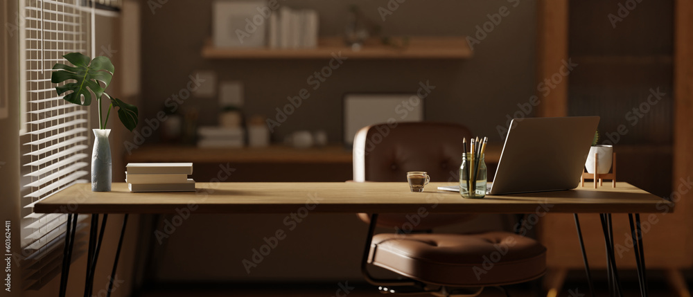 Poster front view of a workspace with laptop and copy space on a wooden tabletop
