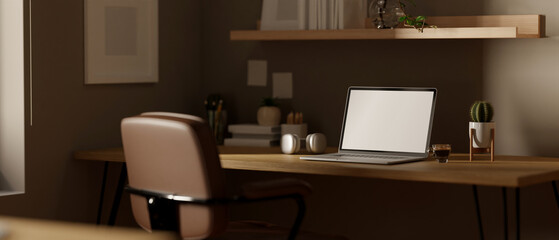 Modern contemporary home workspace with laptop and accessories on a wooden table
