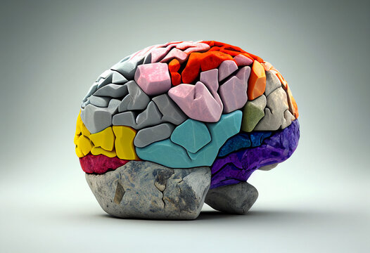 Human brain with different colors and shapes. stone, 3d render illustration. generative ai