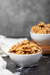 Walnut. Fresh walnuts in a ceramic bowl. superfood. Vegetarian food concept. healthy snacks. Close up