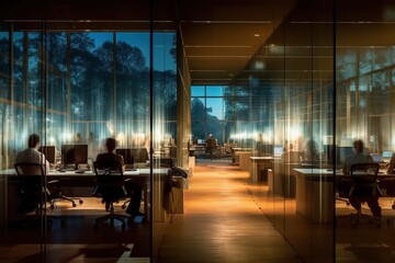 Obraz na płótnie Canvas In a modern office, the day unfolds in a blur of activity as people move about, caught in a long exposure. The scene captures the energy and productivity of the workplace. Generative AI