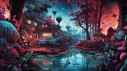 Fototapeta na wymiar A surreal garden with a river made of glass. Fantasy concept , Illustration painting. Generative AI