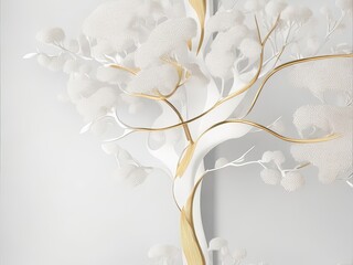 3D Poster Featuring a Tree with White Leaves on a Light Gray Background with Poetic Beauty. Generative AI.
