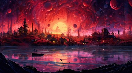 Fototapeta na wymiar A surreal landscape with a city built on stilts over a lake of fire. Fantasy concept , Illustration painting. Generative AI