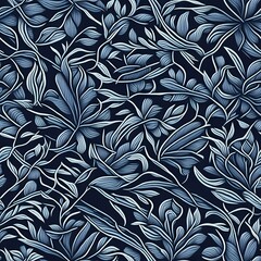 Lush Leafy Delight: Seamless Pattern on a Dark Blue Background. 