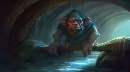 A troll under a bridge. Fantasy concept , Illustration painting. Generative AI - obrazy, fototapety, plakaty