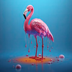 Exotic pink bird splashing on colored water. Generative AI