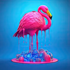 Exotic pink bird splashing on colored water. Generative AI