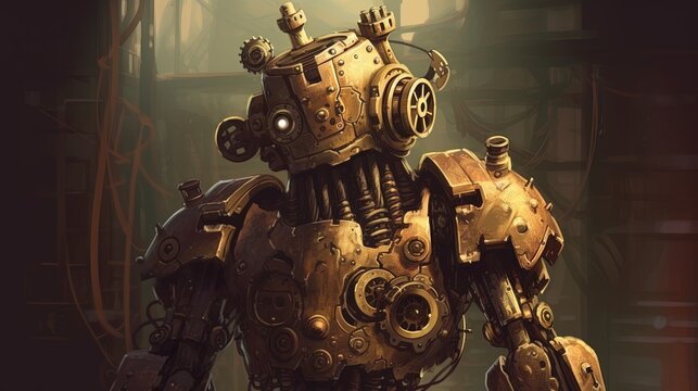 A steampunk robot with gears and rivets. Fantasy concept , Illustration painting. Generative AI