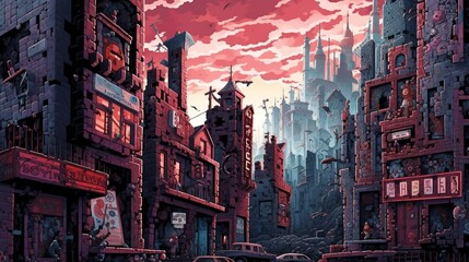 Naklejka premium A surreal city with a colorful buildings. Fantasy concept , Illustration painting. Generative AI