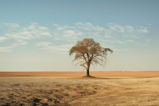 Lonely tree on drought crack land. Climate change concept. Generative AI © Gelpi
