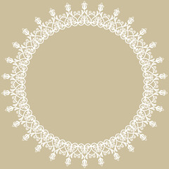Oriental round frame with arabesques and floral elements. Floral golden and white border with vintage pattern