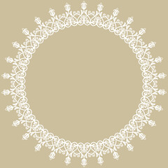 Oriental round frame with arabesques and floral elements. Floral golden and white border with vintage pattern