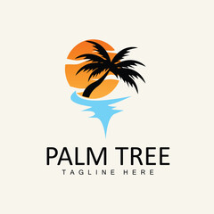 Obraz premium Coconut Tree Logo, Palm Tree Sunset Beach Vector, Elegant Minimalist Simple Design, Symbol Template Icon