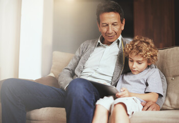 Tablet, child or grandfather streaming movie or film on online subscription in retirement at home...