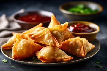 Close up of s plate of samosas with sauce Indian food. Generative AI