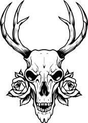 PNG Hand drawn reindeer skull with antlers and roses. Hipster tattoo design. Boho, grunge, rustic style. Prints, posters, t-shirts and textiles