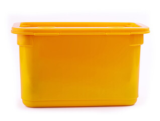 Plastic container with laundry powder isolated on white