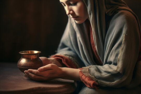 Mary of Bethany, the devoted sister, with an expression of deep adoration and love, anointing Jesus' feet with fragrant oil, bokeh Generative AI