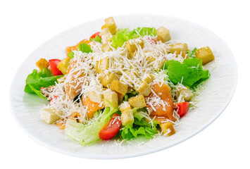 Caesar salad with salmon on white background