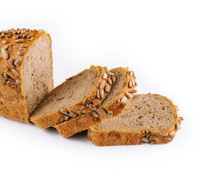 Sunflower seed bread slices isolated on white