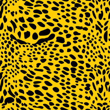 Vector trendy leopard skin abstract seamless pattern. Wild animal cheetah leather black texture on yellow background for fashion print design, textile, cover, wrap, wallpaper