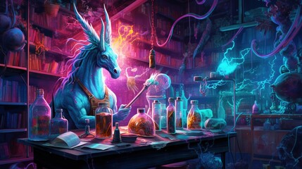 A unicorn with a glowing horn in a laboratory. Fantasy concept , Illustration painting. Generative AI