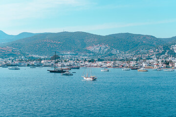 Bodrum castle (saint Peter castle) and marina with boats view from above. sailing boats with blue sky and sea