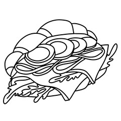 linear Croissant with egg, ham and cheese. delicious snack with arugula. line isolated illustration, trendy design for cafe menu or logo.