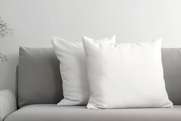 White square canvas pillow mockup on cozy couch. Beautiful white pillow mockup with modern interior background. 