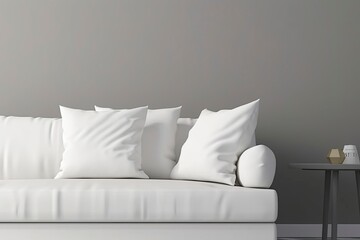 White square canvas pillow mockup on cozy couch. Beautiful white pillow mockup with modern interior background. 