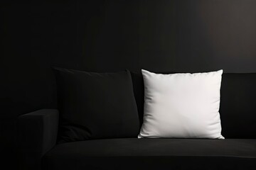 White and black square canvas pillow mockup on cozy couch. Beautiful pillow mockup with modern interior background. 