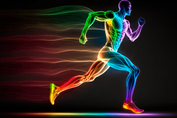 Rainbow Velocity: Muscular Man's Silhouette Running with a Colorful Streak. Generative Ai