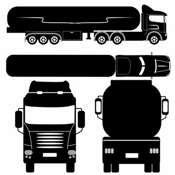 Tanker Truck Icon Silhouette On White Background. Vehicle Monochrome Icons Set View From Side, Front, Rear And Top