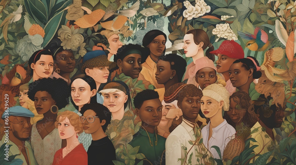 Poster socially diverse community crowd. the concept of multiculturalism and social diversity, symbolizing 