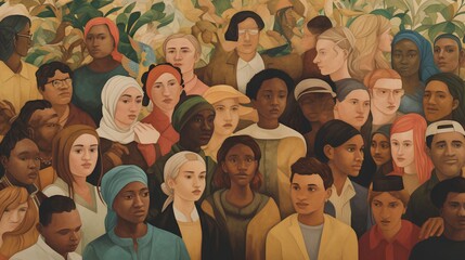 Socially diverse community crowd. The concept of multiculturalism and social diversity, symbolizing the unity and shared humanity within diverse societies. Generative AI