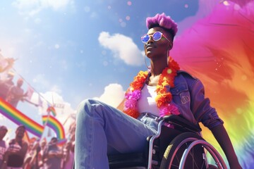 Black queer disabled, afrlcan in rainbowcolours in wheelchair at gay pride, stop or prohibit discrimination against someone because of a disability or sexual orientation, created with generative ai - obrazy, fototapety, plakaty