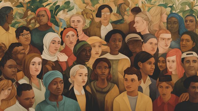 Socially diverse community crowd. The concept of multiculturalism and social diversity, symbolizing the unity and shared humanity within diverse societies. Generative AI