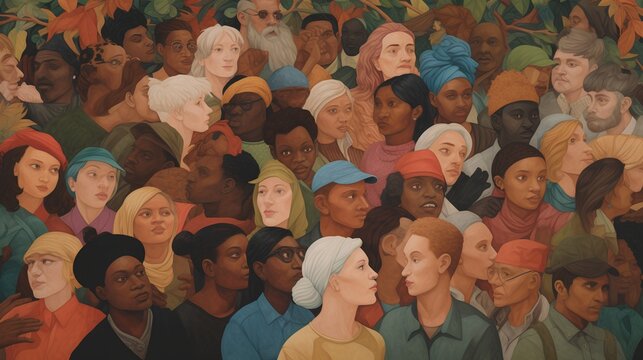 Socially diverse community crowd. The concept of multiculturalism and social diversity, symbolizing the unity and shared humanity within diverse societies. Generative AI