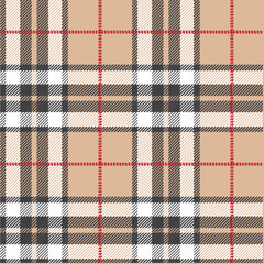 ベージュと白色と黒色と赤色のタータンチェック柄素材