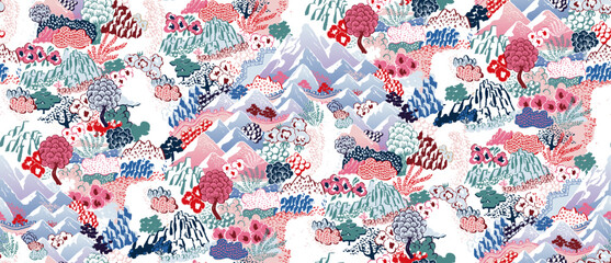 Seamless pattern vector Illustration capturing the poetic beauty of mountain landscapes in Korea	 - 603630616