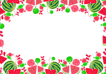 berry frame with watermelon and lollipops, taste of summer, hand drawn