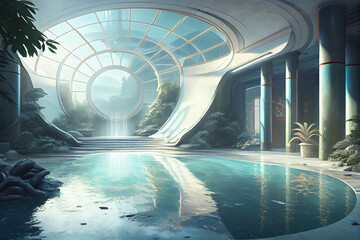 An imaginative illustration of a futuristic swimming pool, featuring sleek design elements, cutting-edge technology, generative ai