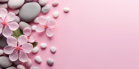Fototapeta na wymiar A banner of cherry flower petals is isolated against a pink, Zen-inspired background. Ideal for spa or massage concept visuals with ample copy space.
