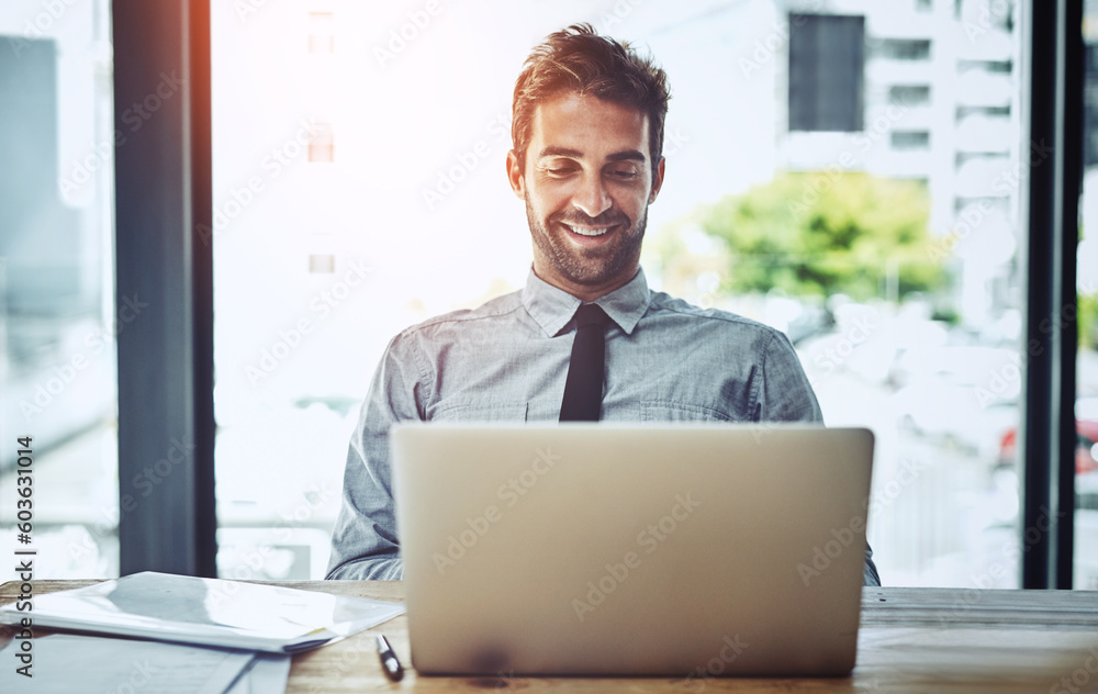 Canvas Prints Business man, happiness and laptop writing of a insurance agent in a office online. Agency work, male employee and worker working and planning on a computer with internet and job email at desk