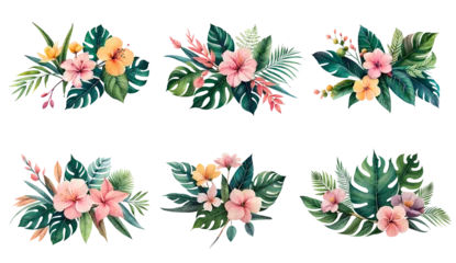 Fotobehang Watercolor tropical leaves and flowers. Generative Ai © Vika art