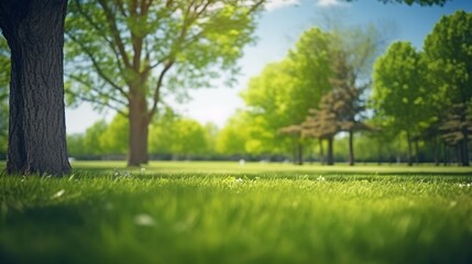 Fototapeta na wymiar Spring Serenity: Beautiful Blurred Background of Neat Lawn and Trees against a Sunny Blue Sky