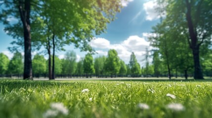 Obraz premium Spring Serenity: Beautiful Blurred Background of Neat Lawn and Trees against a Sunny Blue Sky